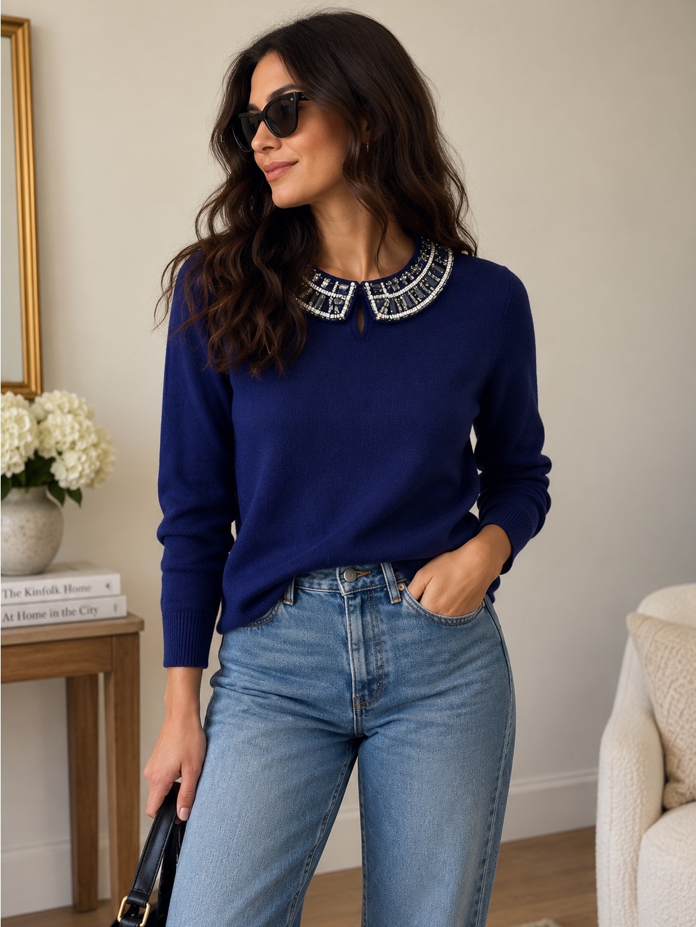 Boden Blue Embellished Jeweled Peter Pan Collar Sweater 8